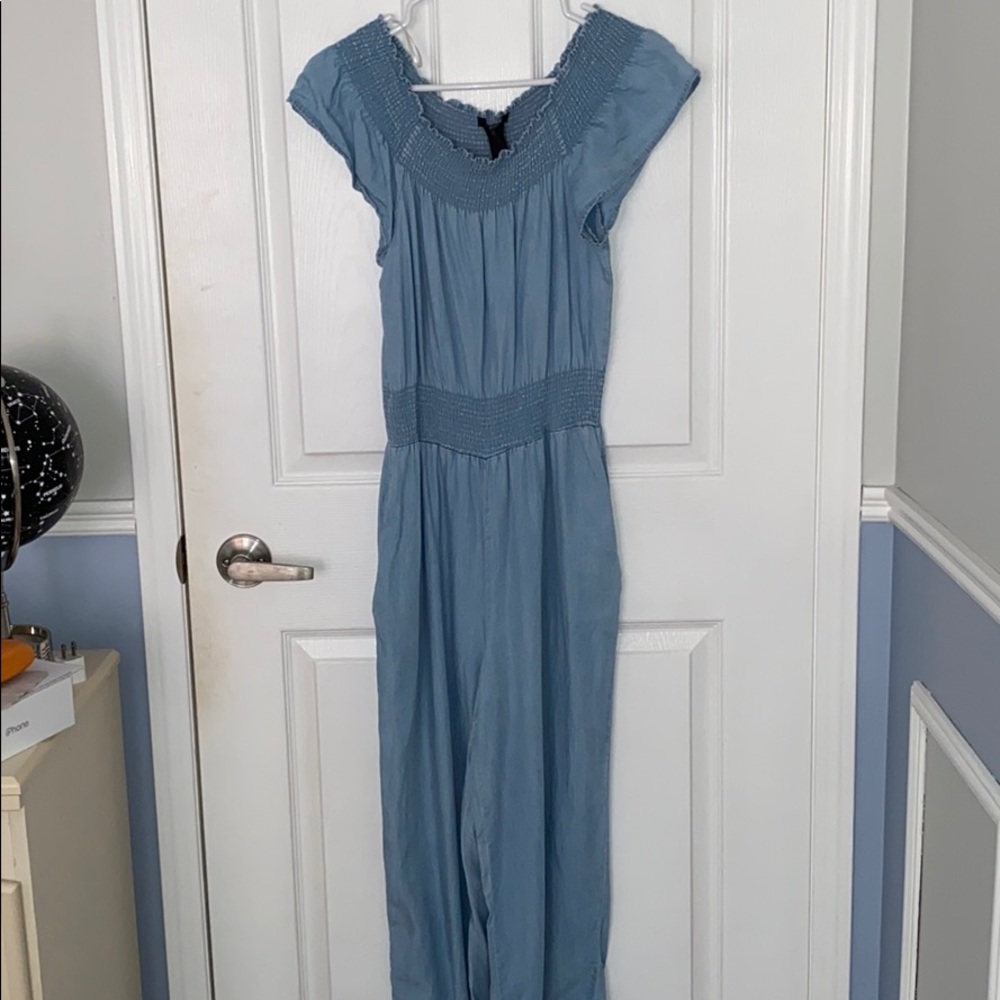 light blue off the shoulder jumpsuit